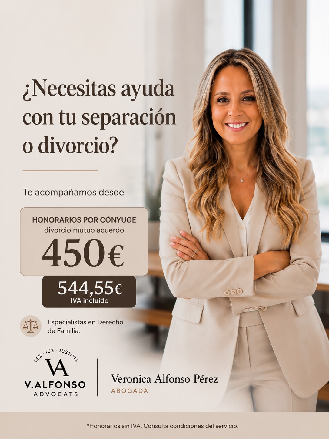 Honorarios por cónyuge, divorcio de mutuo acuerdo: 450€ + IVA, 544,55€ IVA incluido